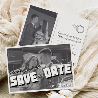 Schwarz-Weiß-Retro-Vintage-Hochzeitsfoto im Horizo Save The Date