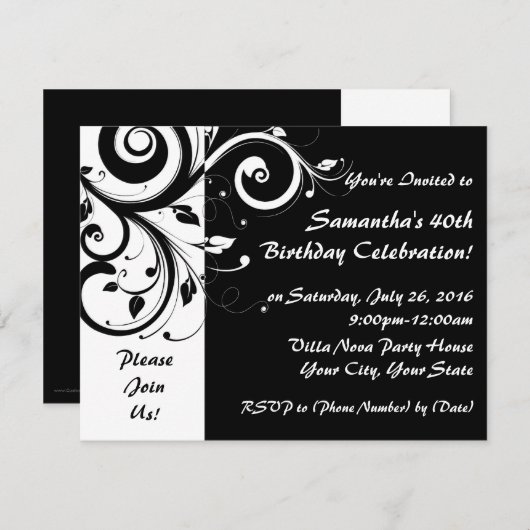 Schwarz+Weiß Reverse Swirl 40. Party Einladung (Vorne/Hinten)
