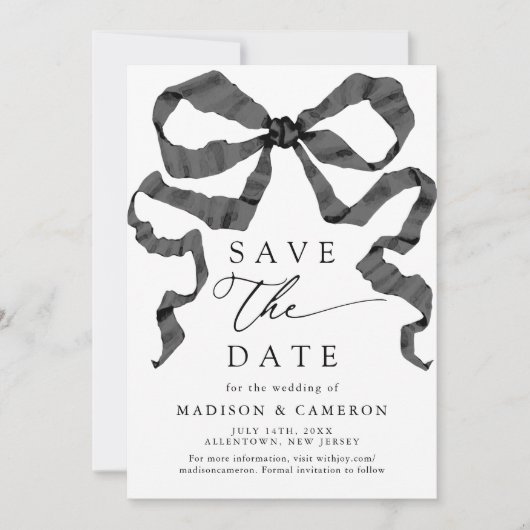 Schwarz-Weiß-Ribbon mit Aquarellfarbe Save The Date (Vorderseite)