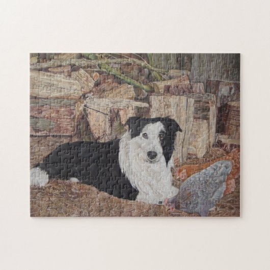 Schwarz-Weiß-Rinder-Cola-Hund mit Hühnern Puzzle (Horizontal)