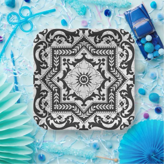 Schwarz-Weiß-Risse-Keramik Stil Azulejo Pappteller (Party)