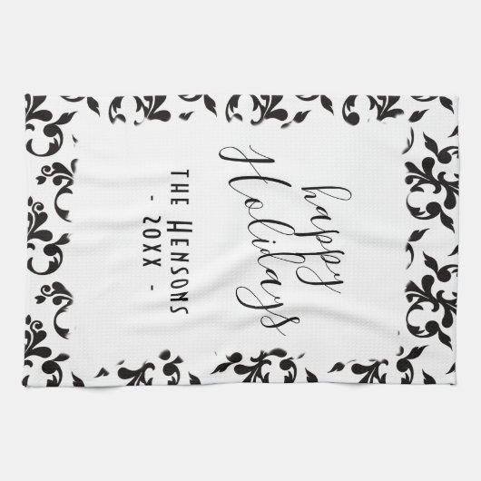Schwarz-Weiß-Rokoko-Happy-Holidays-Skript Geschirrtuch (Horizontal)
