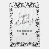 Schwarz-Weiß-Rokoko-Happy-Holidays-Skript Geschirrtuch (Vertikal)
