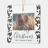 Schwarz-weiß Rokoko Merry Christmas Script Foto Keramikornament (Links)