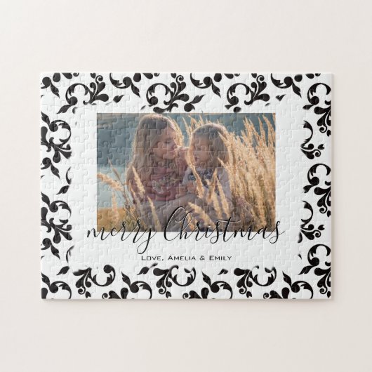 Schwarz-weiß Rokoko Merry Christmas Script Foto Puzzle (Horizontal)