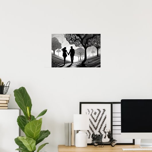 Schwarz-Weiß-Romantik: Gemusterte Embrace Poster (Heimbüro)
