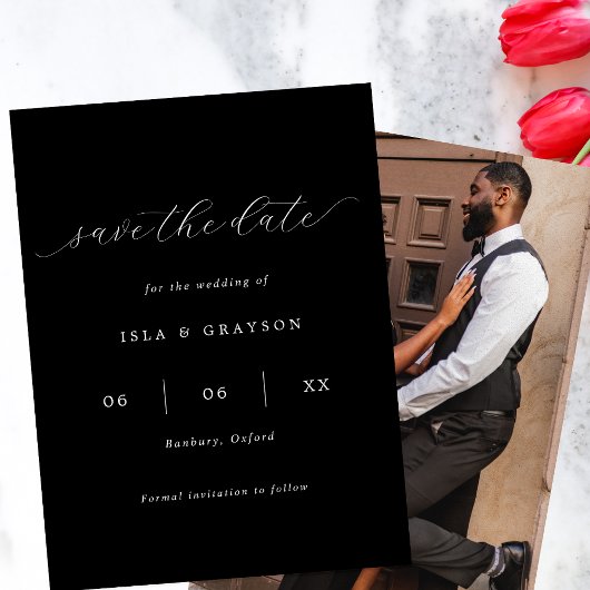 Schwarz-Weiß-Romantisches Script-Foto Hochzeit Save The Date