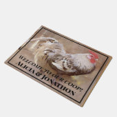 Schwarz-Weiß-Rooster "Welcome to Our Coop" Fußmatte (Schrägansicht)