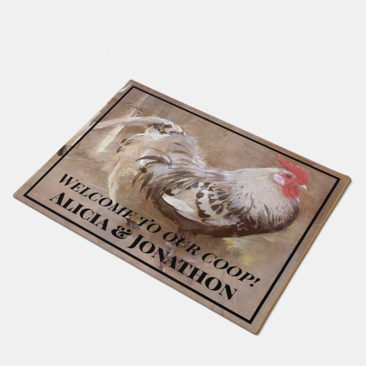 Schwarz-Weiß-Rooster "Welcome to Our Coop" Fußmatte (Schrägansicht)