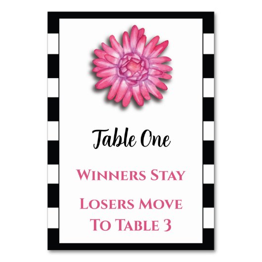 Schwarz-weiß rosa Blume Bunco Table Card #1 Tischnummer (Rückseite)