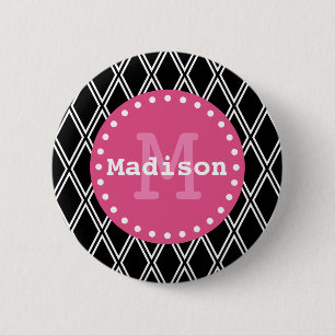 Schwarz-weiß-rosa-Diamantmuster-Monogramm Button