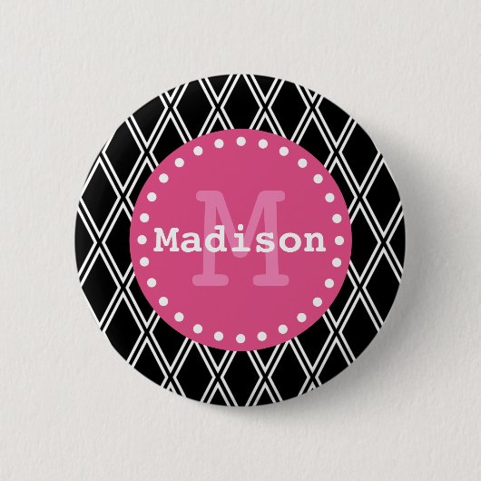 Schwarz-weiß-rosa-Diamantmuster-Monogramm Button (Vorderseite)
