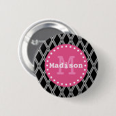 Schwarz-weiß-rosa-Diamantmuster-Monogramm Button (Vorne & Hinten)
