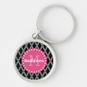 Schwarz-weiß-rosa-Diamantmuster-Monogramm Schlüsselanhänger