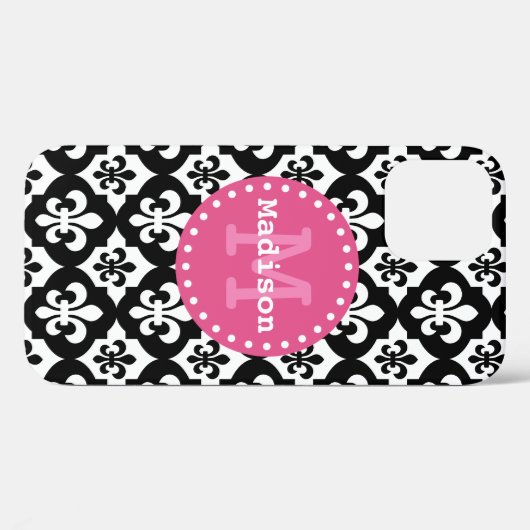 Schwarz-weiß rosa Fleur-De-Lis-Muster Monogramm Case-Mate iPhone Hülle (Rückseite (Horizontal))