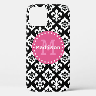 Schwarz-weiß rosa Fleur-De-Lis-Muster Monogramm Case-Mate iPhone Hülle