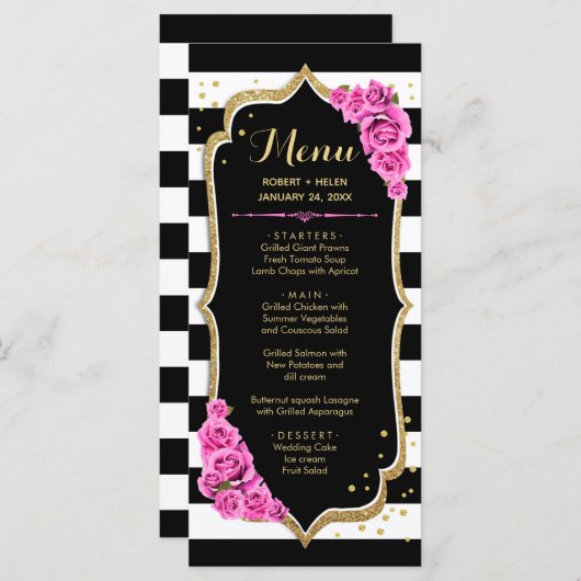 Schwarz-weiß rosa Gold-Menükarte Programm (Vorne/Hinten)