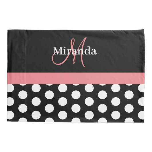 Schwarz-weiß rosa Monogram Script Polka Dot Std Kissenbezug (Rückseite)