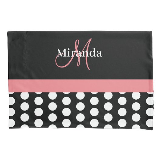Schwarz-weiß rosa Monogram Script Polka Dot Std Kissenbezug (Vorderseite)