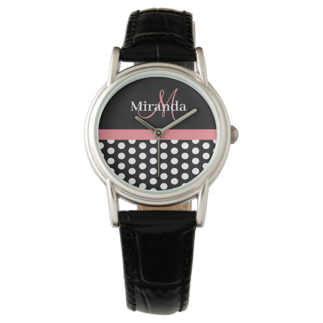 Schwarz-weiß-rosa-Monogramm-Polka-Dot Armbanduhr (Vorderseite)