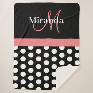 Schwarz-weiß rosa Monogramm Script Polka Dot Sherp Sherpadecke