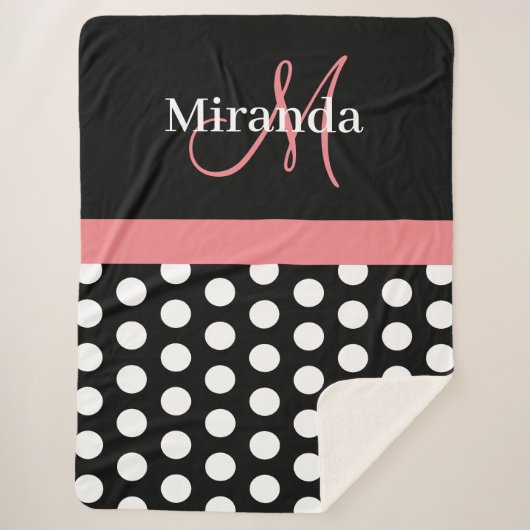 Schwarz-weiß rosa Monogramm Script Polka Dot Sherp Sherpadecke (Vorderseite)