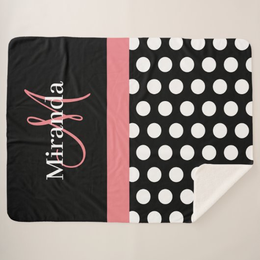 Schwarz-weiß rosa Monogramm Script Polka Dot Sherp Sherpadecke (Vorderseite (Horizontal))
