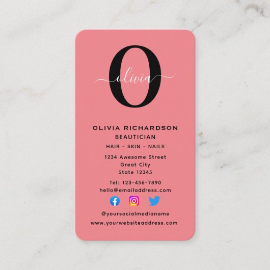 Schwarz-weiß rosa Name für vertikale Monogramm-Skr Visitenkarte (Vorderseite)