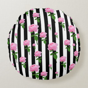 Schwarz Weiß Rosa Rose Blumen Streifen Linien Rundes Kissen