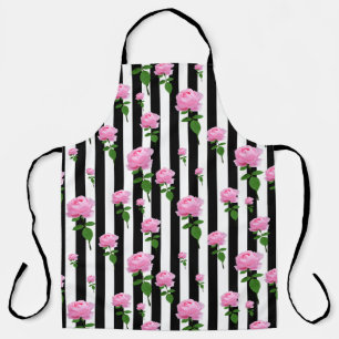 Schwarz Weiß Rosa Rose Blüten Streifen Linien Schürze