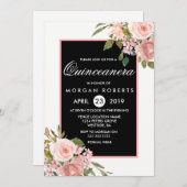 Schwarz-weiß Rosa Rose Gold Blume Quinceanera Einladung (Vorne/Hinten)