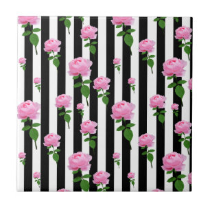 Schwarz-Weiß-Rosa-Rosen-Blumenstreifen Fliese