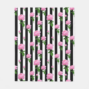 Schwarz Weiß Rosa Rosenblume Streifen Linien Fleecedecke