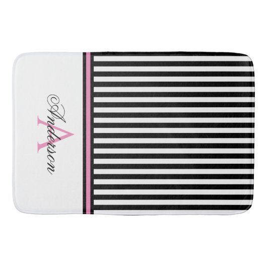 Schwarz-weiß-rosa Streifen Monogramm Badematte (Vorderseite)