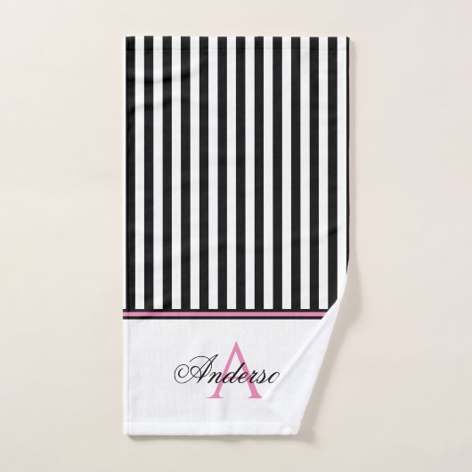 Schwarz-weiß-rosa Streifen Monogramm Badhandtuch Set (Handtuch)