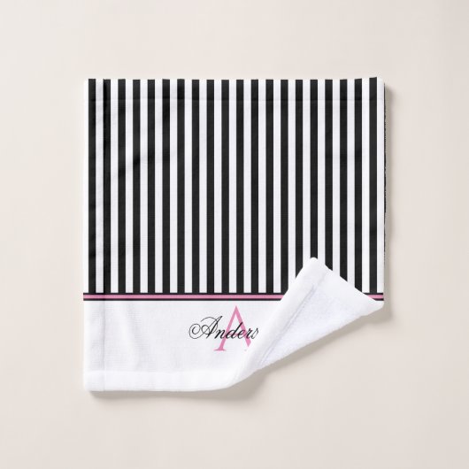 Schwarz-weiß-rosa Streifen Monogramm Badhandtuch Set (Waschlappen)