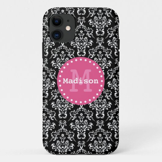 Schwarz-weiß rosa Viktorianische Damaselmonogramm Case-Mate iPhone Hülle (Rückseite)