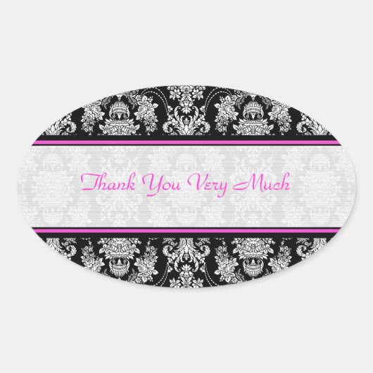 Schwarz-weiß-rosa Vintag-Barockmuster Ovaler Aufkleber (Vorderseite)