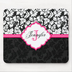 Schwarz Weiß & Rosa Vintage Blumen Damast 2 Mousepad