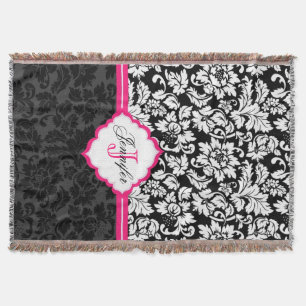 Schwarz Weiß & Rosa Vintage Blumen Damast Decke