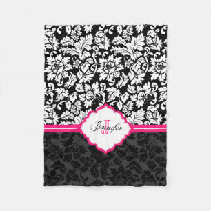 Schwarz Weiß & Rosa Vintage Blumen Damast Fleecedecke