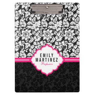 Schwarz Weiß & Rosa Vintage Blumen Damast Klemmbrett