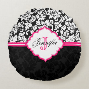 Schwarz Weiß & Rosa Vintage Blumen Damast Rundes Kissen