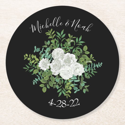Schwarz-Weiß-Rose-Blumenhochzeit Runder Pappuntersetzer (Vorderseite)