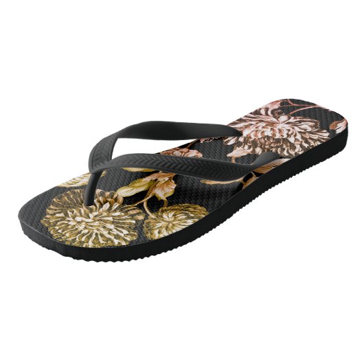 Schwarz-Weiß-Rose Gold Botanischer Blumenzahn Badesandalen (Schrägansicht)