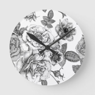 Schwarz-Weiß-Rose-Muster Akrylic-Wand-Uhr Runde Wanduhr