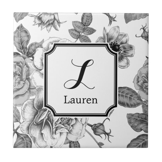 Schwarz-Weiß-Rose-Muster Fliese (Vorderseite)