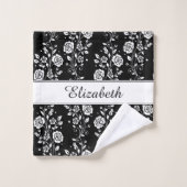 Schwarz-Weiß-Rose-Muster Name drucken Badhandtuch Set (Waschlappen)