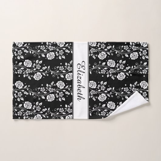 Schwarz-Weiß-Rose-Muster Name drucken Badhandtuch Set (Handtuch)