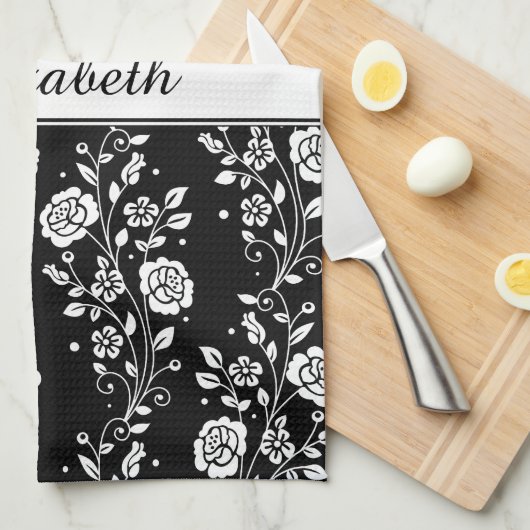Schwarz-Weiß-Rose Muster Name drucken Geschirrtuch (Viertel Falte)